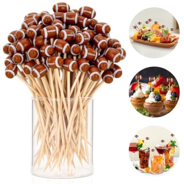 100 Pcs Football Toothpicks, 4.72 Inch Football Cocktail Picks for Appetizers, Long Bamboo Toothpick...