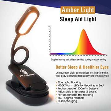 VYANLIGHT Book Light for Reading in Bed, Amber Color Reading Lamp with 360° Rotating Gooseneck, Rec...