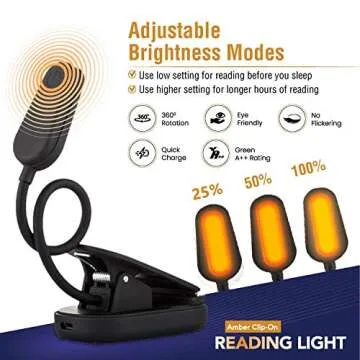 VYANLIGHT Book Light for Reading in Bed, Amber Color Reading Lamp with 360° Rotating Gooseneck, Rechargeable and Dimmable Warm Glow LED Clip-on Light, 1600K Eye Care Portable Light for Readers