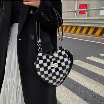 LUOZZY Lattice Pattern Plush Tote Bag - Heart-Shaped Fashion Shoulder Bag