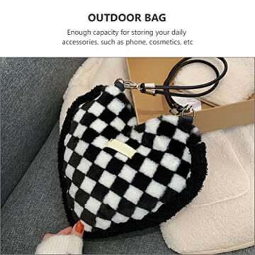 LUOZZY Heart-Shaped Plush Tote Bag in Black & White Checkered
