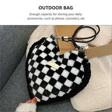 LUOZZY Heart-Shaped Plush Tote Bag in Black & White Checkered