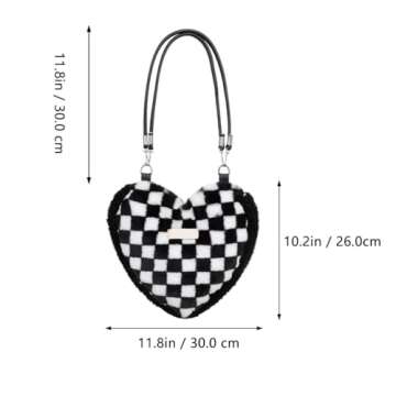 LUOZZY Heart-Shaped Plush Tote Bag in Black & White Checkered