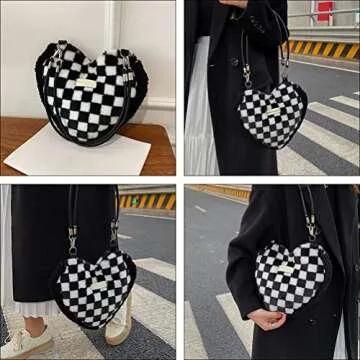 LUOZZY Heart-Shaped Plush Tote Bag in Black & White Checkered
