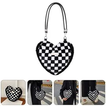 LUOZZY Heart-Shaped Plush Tote Bag in Black & White Checkered