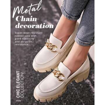 Loafers for Women Chunky,Classic Slip On Penny Loafers Patent Leather Metallic Flat Low Heel School Uniform Oxford Shoes Patent Leather Gold Chain Beige,08