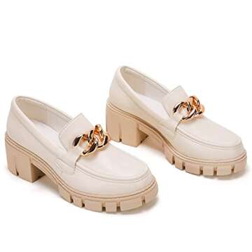 Loafers for Women Chunky,Classic Slip On Penny Loafers Patent Leather Metallic Flat Low Heel School Uniform Oxford Shoes Patent Leather Gold Chain Beige,08