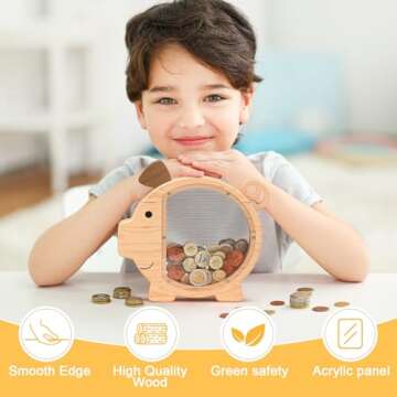 Summidate Wooden Piggy Bank for Kids Large Piggy Bank for Boys and Girls, Cute Unbreakable Wood Mone...
