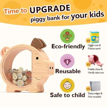Summidate Wooden Piggy Bank for Kids Large Piggy Bank for Boys and Girls, Cute Unbreakable Wood Money Bank, Creative Saving Money Jar Personalized Present for Child Birthday Christmas & Decor