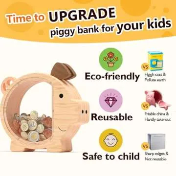 Summidate Wooden Piggy Bank for Kids Large Piggy Bank for Boys and Girls, Cute Unbreakable Wood Money Bank, Creative Saving Money Jar Personalized Present for Child Birthday Christmas & Decor