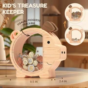 Summidate Wooden Piggy Bank for Kids Large Piggy Bank for Boys and Girls, Cute Unbreakable Wood Money Bank, Creative Saving Money Jar Personalized Present for Child Birthday Christmas & Decor