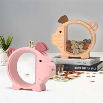 Summidate Wooden Piggy Bank for Kids Large Piggy Bank for Boys and Girls, Cute Unbreakable Wood Money Bank, Creative Saving Money Jar Personalized Present for Child Birthday Christmas & Decor