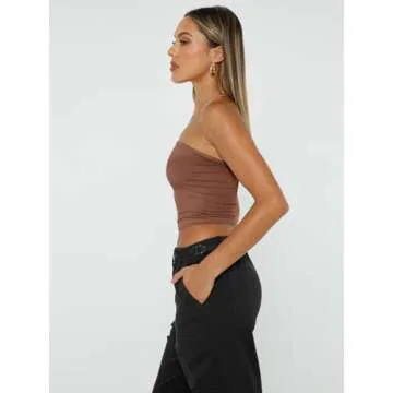 Trendy Queen Womens Tube Tops Strapless Crop Tops Basic Backless Sleeveless Bandeau Going Out Cute 2025 Summer Outfits Coffee S