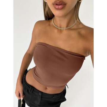 Trendy Queen Womens Tube Tops Strapless Crop Tops Basic Backless Sleeveless Bandeau Going Out Cute 2025 Summer Outfits Coffee S