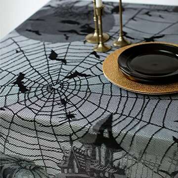 Benson Mills Halloween Fabric Tablecloth, Halloween Table Cloth for Dinners and Parties (Spooky Spirits Web Lace, 60" x 84" Rectangular)