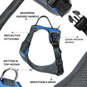 Black Rhino - The Comfort Dog Harness with Mesh Padded Vest for Small - Large Breeds | Adjustable | Reflective | 2 Leash Attachments on Chest & Back - Neoprene Padded Training Handle (Large, Blue/Gr)