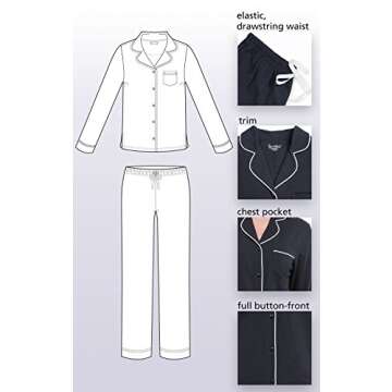 PajamaGram Women's Pajamas Long Sleeve - Soft Cotton Pajama Set, Black, M, 8-10