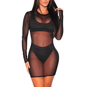 COCOLEGGINGS Women's Sheer Mesh Long Sleeve Swimsuit Cover Up Dress Black L