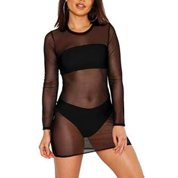 COCOLEGGINGS Women's Sheer Mesh Long Sleeve Swimsuit Cover Up Dress Black L