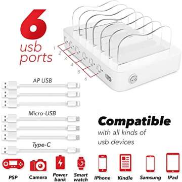 USB Charging Dock - 6-Port - Fast Charging Station for Multiple Devices Apple - Multi Device Charger Station - Compatible with Apple iPad iPhone and Android Cell Phone and Tablet