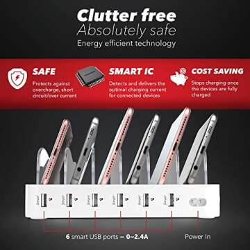 USB Charging Dock - 6-Port - Fast Charging Station for Multiple Devices Apple - Multi Device Charger Station - Compatible with Apple iPad iPhone and Android Cell Phone and Tablet