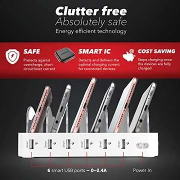 USB Charging Dock - 6-Port - Fast Charging Station for Multiple Devices Apple - Multi Device Charger Station - Compatible with Apple iPad iPhone and Android Cell Phone and Tablet