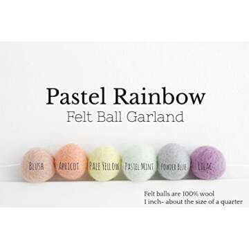 "Pastel Rainbow" Adjustable Handmade Easter Felt Ball Garland by Sheep Farm Felt- Pastel Pom Pom Garland. 1 inch balls. 7 feet. 28 felt balls