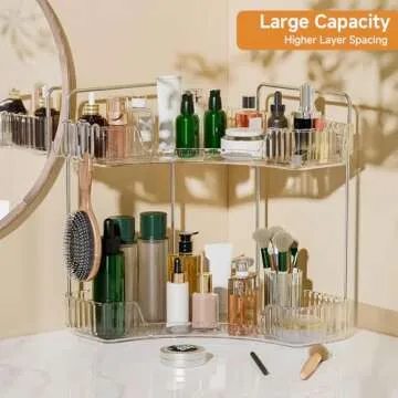 Kinkota 2 Tier Corner Bathroom Organizer Countertop, Plastic Bathroom Counter Organizer, Vanity Tray Sink Shelf with Hooks, for Makeup Storage (Clear)