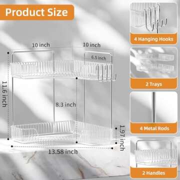 Kinkota 2 Tier Corner Bathroom Organizer Countertop, Plastic Bathroom Counter Organizer, Vanity Tray Sink Shelf with Hooks, for Makeup Storage (Clear)