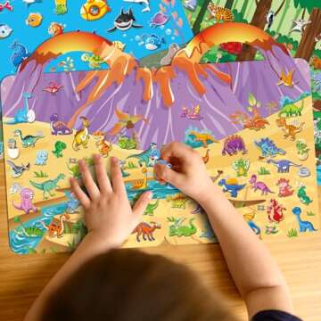 Elfew 4 Pack 3D Puffy Sticker Book for Kids 2-4, Reusable Sticker Books for Toddlers 1-3, Toddler Activity Books, Travel Toys for Girls Boys Birthday Gifts, Farm, Dinosaurs, Ocean World, Wild Animal