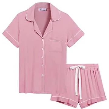 Cherrydew Womens Pajamas Set Short Sleeve Bamboo Viscose Button Down Soft Pj Lounge Sets(Dusty Rose, Large)