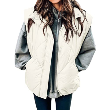 MEROKEETY Women's 2024 Winter Puffer Vest Quilted Stand Collar Zip Up Padded Gilet Coat with Pockets,Beige,M