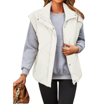 MEROKEETY Women's 2024 Winter Puffer Vest Quilted Stand Collar Zip Up Padded Gilet Coat with Pockets,Beige,M