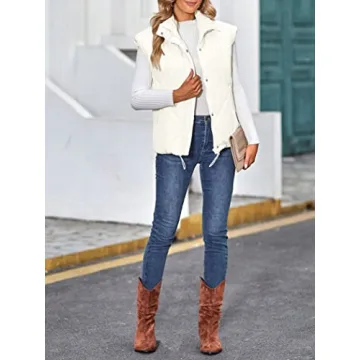 MEROKEETY Women's 2024 Winter Puffer Vest Quilted Stand Collar Zip Up Padded Gilet Coat with Pockets,Beige,M
