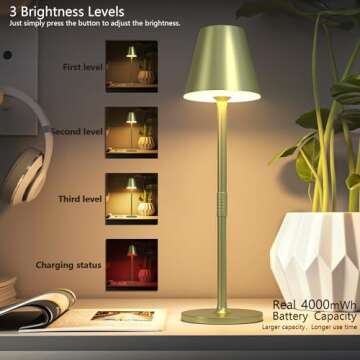 Timjorman 2Pack LED CordlessTable Lamp,4000mAh Rechargeable Battery Desk lamp,3 Level Brightness Night Light, Simple Design, for Couple Dinner/Coffee Table/Restaurant/Bedroom(Champagne Gold 2Pack)