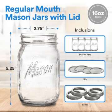 Regular Mouth Mason Jars 16 oz. (12 Pack) - Pint Size Jars with Airtight Lids and Bands - Made in USA - for Canning, Fermenting, Pickling, Meal Prep, or DIY Decors and Projects Bundled with Jar Opener