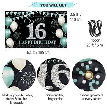 16th Birthday Decorations, Sweet 16 Birthday Backdrop Banner for Girls Boys, Teal Silver Sweet Sixte...