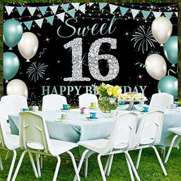 16th Birthday Decorations, Sweet 16 Birthday Backdrop Banner for Girls Boys, Teal Silver Sweet Sixteen Party Background, Turquoise 16 birthday Sign Poster for Outdoor Indoor, Fabric 6.1ft x 3ft PHXEY