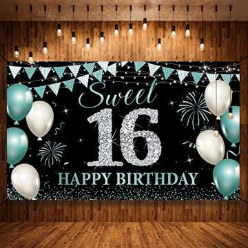 16th Birthday Decorations, Sweet 16 Birthday Backdrop Banner for Girls Boys, Teal Silver Sweet Sixteen Party Background, Turquoise 16 birthday Sign Poster for Outdoor Indoor, Fabric 6.1ft x 3ft PHXEY