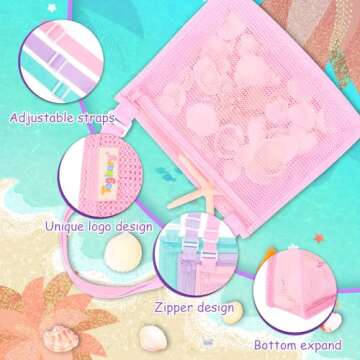 Tagitary Beach Toy Mesh Beach Bag Sand Toy Seashell Bag for Holding Shells Pool Bag with Zipper Swimming Accessories for Kids Boys and Girls(Only Bags,A Set of 3)