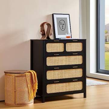 LEVNARY 4 Drawer Dresser Set of 2, Rattan Dressers Storage Cabinet with Metal Handles, Wooden Chest of Drawers Dresser for Bedroom, Entryway, Living Room, Hallway (2, Black)