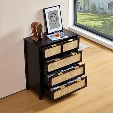 LEVNARY 4 Drawer Dresser Set of 2, Rattan Dressers Storage Cabinet with Metal Handles, Wooden Chest of Drawers Dresser for Bedroom, Entryway, Living Room, Hallway (2, Black)