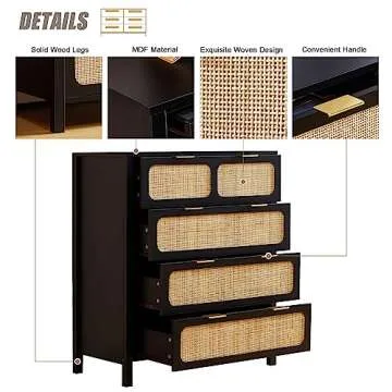 LEVNARY 4 Drawer Dresser Set of 2, Rattan Dressers Storage Cabinet with Metal Handles, Wooden Chest of Drawers Dresser for Bedroom, Entryway, Living Room, Hallway (2, Black)