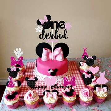 Set of 29 Minnie Inspried Onederful Cake Topper and Cupcake Toppers set, Glitter Minnie Girls 1st Birthday Party Favors Baby Shower Decorations