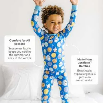 Little Sleepies Two-Piece Pajama Set for Baby Boys and Baby Girls, Viscose Derived from Bamboo Toddler and Kids Pajamas, Tee Pant 2-Piece Kids PJs Set, Snug Fit, Blue Cookies & Milk, 12-18M