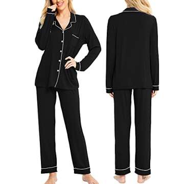 SWOMOG Womens Pajamas Set Long Sleeve Sleepwear Button Down Nightwear Soft Cotton Pj Lounge Sets with Pockets Black