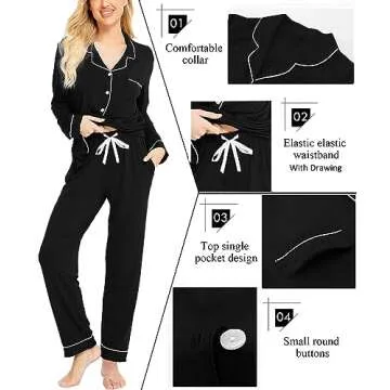 SWOMOG Womens Pajamas Set Long Sleeve Sleepwear Button Down Nightwear Soft Cotton Pj Lounge Sets with Pockets Black