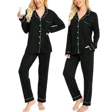 SWOMOG Womens Pajamas Set Long Sleeve Sleepwear Button Down Nightwear Soft Cotton Pj Lounge Sets with Pockets Black