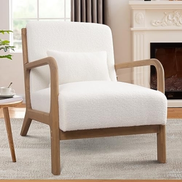 ANJHOME Mid Century Modern Accent Chair, Comfy Lambs Wool Reading Chair with Solid Wood Frame, Easy ...