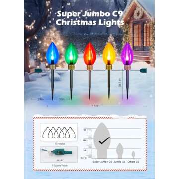 11Feet 5 LED Super Jumbo Christmas String Lights or Pathway Marker Lights, Outdoor Xmas Decorations-...